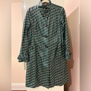 Tory Burch Rain blue/ green vinyl. Button front. Back pleat. Great condition.